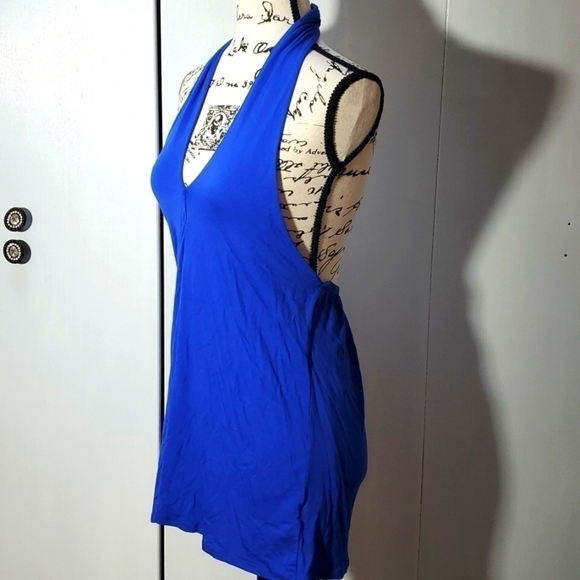 Womens Deep Plunge Vneck Royal blue Open Back  Halter Top Stretchy Sz.Medium - Picture 2 of 6